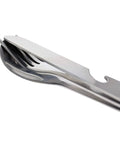 Close-up of stainless steel 2 Pack Minimalist Camp Kitchen Utensil Set With Clip Together Knife Fork Spoon Lightweight Army Style MRE Chow Gear For Hiking And Camping, Includes Can Opener.