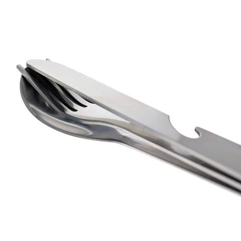 Close-up of stainless steel 2 Pack Minimalist Camp Kitchen Utensil Set With Clip Together Knife Fork Spoon Lightweight Army Style MRE Chow Gear For Hiking And Camping, Includes Can Opener.