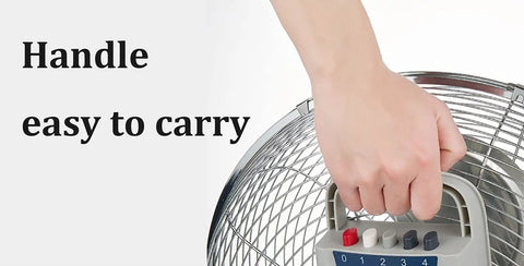 Hand holding the handle of a Heavy Duty 21 Inch High Velocity Electric Floor Fan Built Different With Eight Crank Speeds And Rugged Steel Blades.
