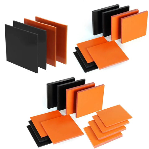 High Temp Resistant Bakelite Phenolic Sheet for Electrical Insulation 150x150mm Thick 2 to 30 mm CNC Machinable Black Laminated Board for Industrial and DIY Projects, stacked black and orange sheets