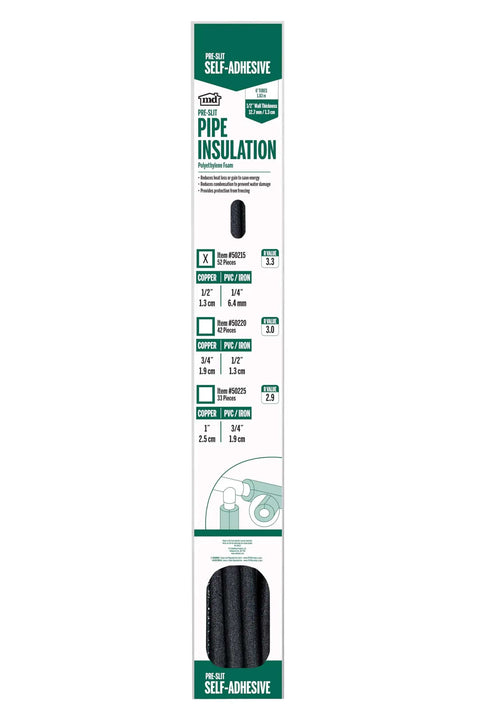 Self-Adhesive Black Foam Pipe Insulation Tube, One Half Inch Wall By Five Eighth Inch Diameter, Six Ft Long, packaging showing specs