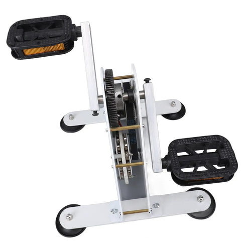 Off The Grid Ready 100W Pedal Power Generator with sturdy frame and noiseless belt drive, top view showing pedals and gears.