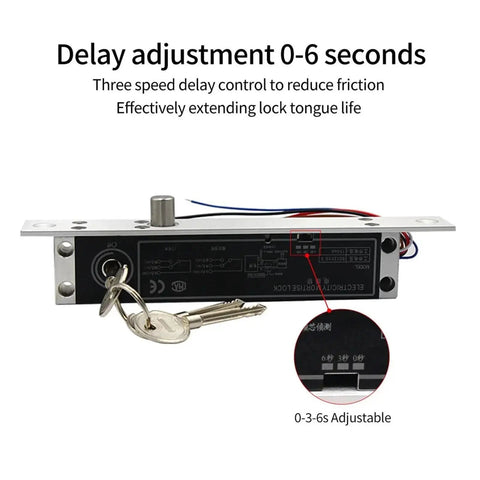 Delay adjustment mechanism for Built Different Heavy Duty Electric Magnetic Deadbolt Lock with keys and control panel.