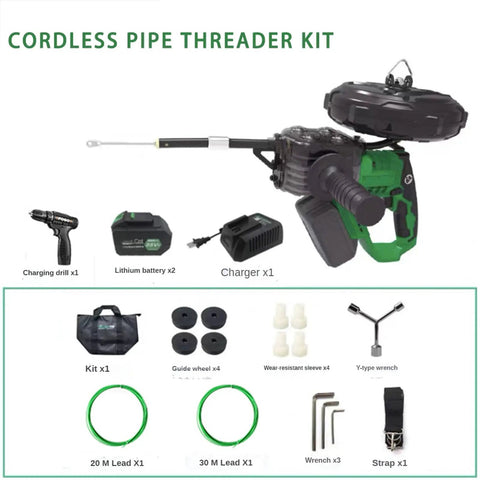 Heavy Duty Cordless Electric Pipe Threader Tool kit with charger, batteries, and accessories for easy wire pulling.
