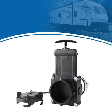 3 Inch RV Twist-On Waste Valve With Built-In Clear Adapter for Bayonet and Lug Adapters, UV-Resistant Black Tank Valve Cap with Lanyard.