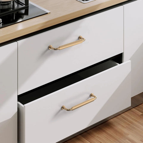 Installed Champagne Bronze Cabinet Pulls 5 Inch Zinc Alloy 10 Pack Kitchen Cabinet Handles on white drawers
