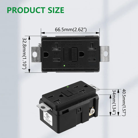 Dimensions of 2 Pack 20 Amp Generator GFCI Outlet 125V Industrial Grade Heavy Duty Ground Fault Interrupter For Machinery And Portable Generators No Output Terminals Oil Resistant Nylon UL Listed Black