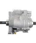 Beefed Up All Wheel Drive Transfer Case Assembly For VW Passat Tiguan 4 Motion And Audi Q3 Quattro To Restore Traction And Smooth Power Transfer Across Any Terrain. Silver AWD transfer case assembly with splined shafts, side view