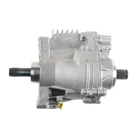 Beefed Up All Wheel Drive Transfer Case Assembly For VW Passat Tiguan 4 Motion And Audi Q3 Quattro To Restore Traction And Smooth Power Transfer Across Any Terrain. Silver AWD transfer case assembly with splined shafts, side view