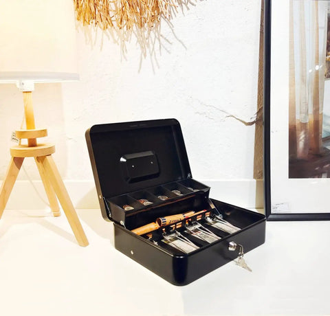 Lockable Cash Box With Money Tray For Cash Register Till, Metal Heavy Duty Safe Box With Coin And Bill Storage, open on a table.