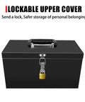 Tough and compact steel metal tool box with lockable cover, sturdy handle, 12-inch black size, for storing valuables and garage gear.
