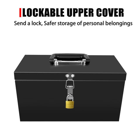 Tough and compact steel metal tool box with lockable cover, sturdy handle, 12-inch black size, for storing valuables and garage gear.