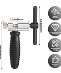 Universal bike chain breaker tool shown with dimensions, highlighting metal material and ergonomic design for easy use.