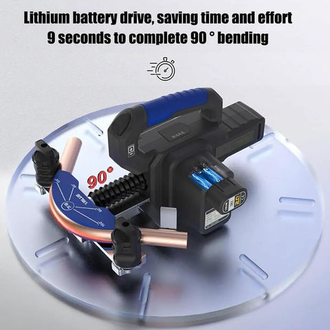 Quick Rechargeable Electric Copper Tube Bender For 1/4 To 7/8 Inch Pipe Adjustable Quick Bend Kit shows 90° bend on copper pipe.
