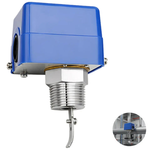 One Inch Stainless Steel Water Flow Switch With Five Paddles For Ethylene Glycol And HVAC Systems 145 PSI High Pressure Sensing Durable Leak Proof 1 Inch Plumbing Flow Detection For Tight Seals, blue housing
