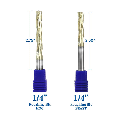 Beast And Hog Roughing Router Bit Combo Set With Quarter Inch Shank showing 2.75" HOG and 2.50" BEAST bits for CNC woodworking.