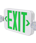 Heavy Duty LED Exit Sign And Emergency Light Combo Built Damn Tough With Double Sided Green Message, wall mount design with LEDs.