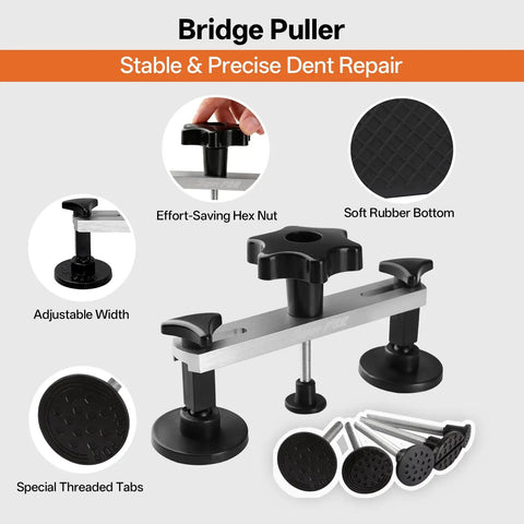 Dual Grade Dent Repair Kit for Cars With Adjustable Dent Lifter and Heavy Duty Bridge Puller for Paintless Dent Removal Tools Ideal for Auto Body DIY Car Care and Mobile Repairs Pro Grade PDR Kit, bridge puller with threaded tabs and rubber base