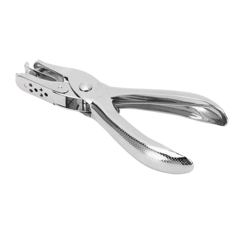 Heavy Duty Metal Single Hole Puncher For 8 Sheet Capacity With 6mm Punch Diameter, slim handle plier style, front view