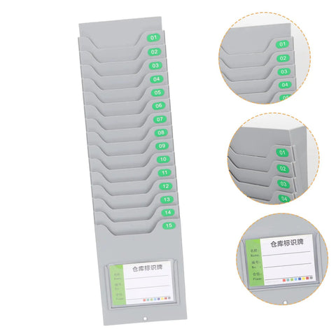 Super Convenient Wall Mounted Storage Rack Equipped With Plenty Of Card Holder Slots A Real Game Changer For Warehouse Material Sorting Office Filing And Classroom Organization, grey card organizer with labeled slots.