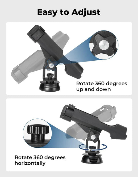 Beefy Kayak Rod Holder With 360 Degree Adjustable Lock, T Shaped Screw Or Track Mount On Rail, Works For Kayaks Canoes And Fishing Boats, Heavy Duty ABS Fishing Pole Holder For Anglers. Black ABS rod holder rotates 360° up and down on kayak mount.