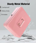Pink cash box with money tray and key lock for cash till, sturdy metal material shown, focusing on durability features.