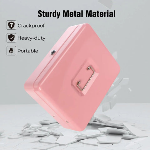 Pink cash box with money tray and key lock for cash till, sturdy metal material shown, focusing on durability features.