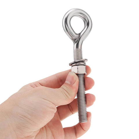 Two Pack M12 Eye Bolts With Nuts And Washers One Half Inch By Three Point Five Inch Long Shank Threaded Rod Round Hook Eyelet Bolts Five Point Six Inch Total Length 304 Stainless Steel Rust Resistant For Indoor And Outdoor Lifting Ring Bolts, shown in hand for scale, front view.
