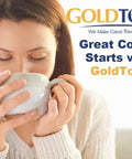 Woman enjoying coffee with GoldTone branding, Reusable Cup No 2 Cone Coffee Filter Size 4 Fits Most Cuisinart Krups And Other Cone Coffee Makers