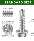 Detailed measurement of Heavy Duty Rip Through Sheet Metal Screws With Hex Washer Head Design Built Tough For No Sweat Self Drilling And Tapping Ten By Three Quarters Projects In Solid 410 Stainless Steel With 100 Count Pack.