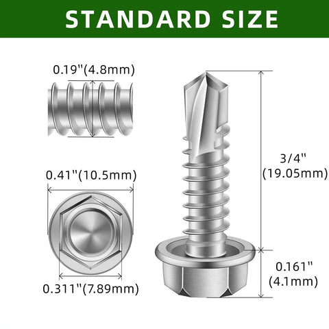 Detailed measurement of Heavy Duty Rip Through Sheet Metal Screws With Hex Washer Head Design Built Tough For No Sweat Self Drilling And Tapping Ten By Three Quarters Projects In Solid 410 Stainless Steel With 100 Count Pack.
