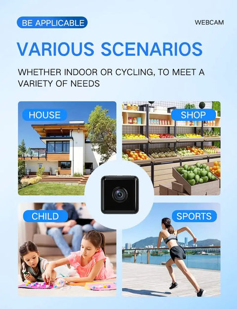 Wireless WiFi Camera Indoor Outdoor 1080P HD Home Security System shown in various usage scenarios: house, shop, child, sports.