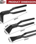 Three Piece Handy Hand Seamer Set With Non Slip Grip For Sheet Metal Edge Bending And Sealing, pliers with dimensions shown.