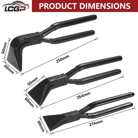 Three Piece Handy Hand Seamer Set With Non Slip Grip For Sheet Metal Edge Bending And Sealing, pliers with dimensions shown.