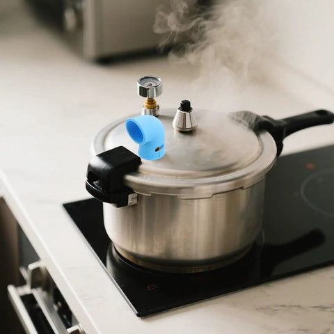 Sky-blue silicone steam diverter on pressure cooker, diverting steam away, Silicone Steam Diverter For Pressure Cooker High Temperature Resistant Exhaust Vent Tube 6 Pieces Kitchen Steam Hose Set With Countertop Protection And Cabinet Protection Flexible Quick Install Steam Direction Control.