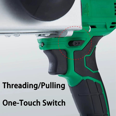 Detail of No Sweat Electric Wire Threading Machine For Pro Contractors control handle with one-touch switch for threading and pulling.