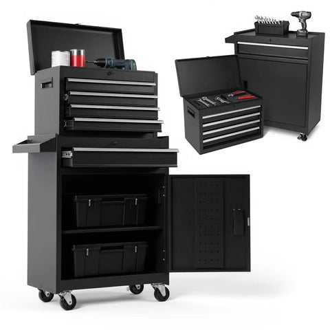 Heavy Duty Metal Tool Cabinet With Five Smooth Glide Drawers And Flexible Modular Shelves For Tough Shop Organization And Weekend Warrior Garage Storage Setup, detailed view with tools.
