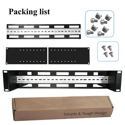 2U 19 Inch Din Rail Chassis Bracket Depth Adjustable Rackmount Kit in Aluminum shown with assembly components and packaging