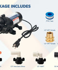 Automatic On Demand Diaphragm Pump 115V 4.0 GPM 45 PSI Workhorse with accessories, including PTFE tape and hose clamps
