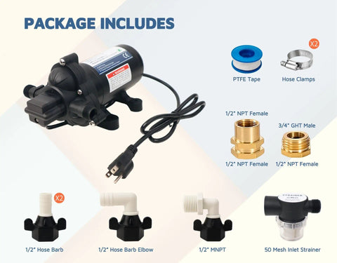 Automatic On Demand Diaphragm Pump 115V 4.0 GPM 45 PSI Workhorse with accessories, including PTFE tape and hose clamps