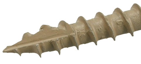 Tan Star Drive Composite Deck Screw close-up showing sharp tip and dual-thread design for secure fastening.