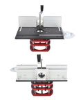 All In One Router System With Top Plate And Lifting Base For Woodworking Tables Ready For Slotting Trimming Chamfering And Engraving Projects This Flexible Router Kit Boosts Stability And Precision In Any Shop With Boss Level Performance, front and top view.