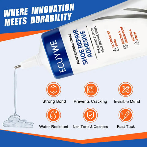 Everyday Shoe Glue For Repairs And No Fuss Quick Flexible Waterproof Adhesive For Insoles Soles Heels And Leather 100Ml Professional Grade Fast Setting Clear Drying Bond That Lasts bottle displayed with pouring adhesive and product features.