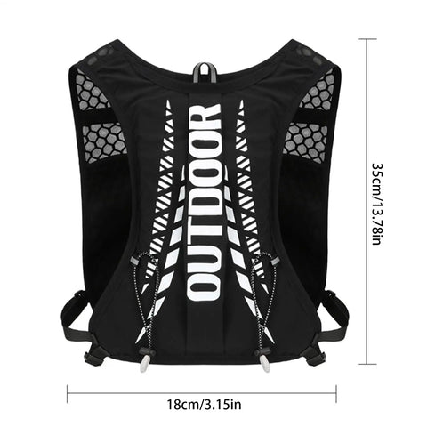 Front view of Hydration Vest Backpack 5L For Hiking And Cycling Unisex Water Backpack with reflective strips, black color, nylon polyester.