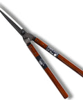 Pro Grade Hedge Shears 22.6 Inch For Precise Hedge Trimming And Shaping, Authentic Japanese Craftsmanship shown with oak handle