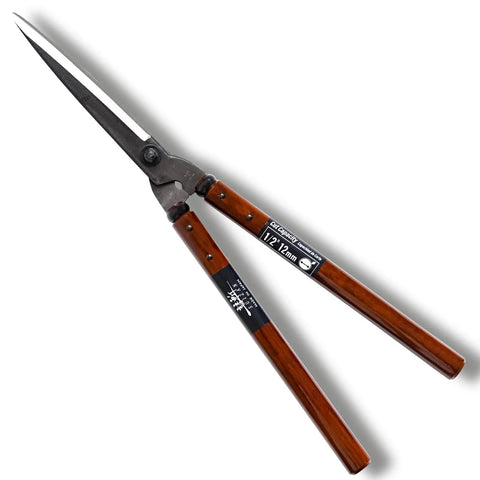 Pro Grade Hedge Shears 22.6 Inch For Precise Hedge Trimming And Shaping, Authentic Japanese Craftsmanship shown with oak handle