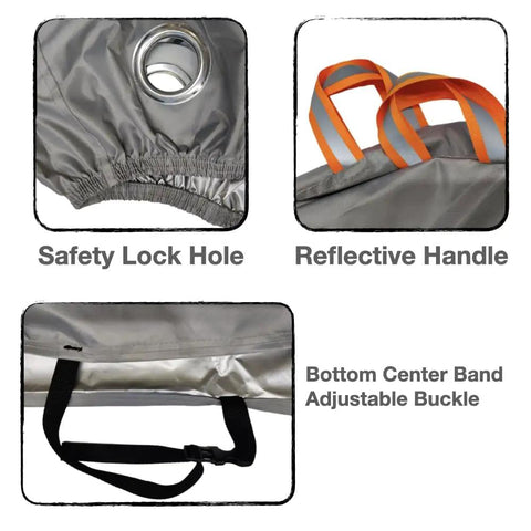 Heavy Duty Bicycle Cover For Outdoors All Weather Waterproof And Heat Resistant Ideal For Ebike Battery Or Rain Cover Includes Large Mesh Bag For Easy Travel 29 Inch Large Fit One Bike with safety lock hole, reflective handle, and adjustable buckle details visible.