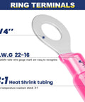 Ring terminal with 1/4 inch ring, pink heat-shrink insulated sleeve for AWG 22–16 copper wire
