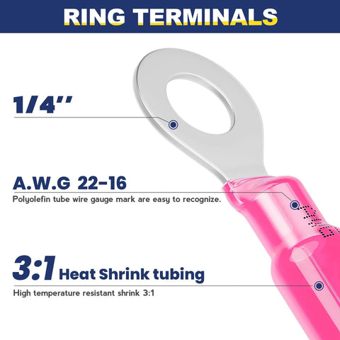 Ring terminal with 1/4 inch ring, pink heat-shrink insulated sleeve for AWG 22–16 copper wire