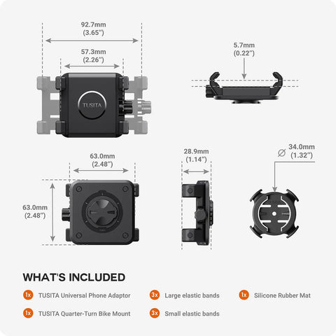Bike Phone Holder For 4.0 To 6.9 Inch Phones And Garmin GPS Mount with universal adaptor and mounting dimensions.